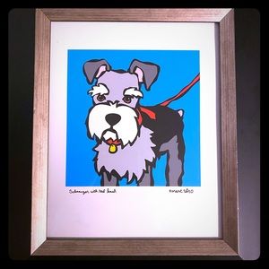 Framed Mark Tetro print schnauzer with red leash